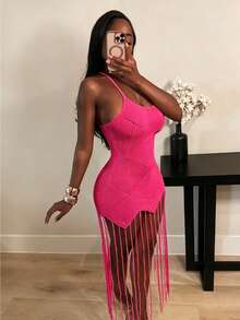 BamGleam Women's Green Knit Dress With Tassel Hem - Sleeveless Bodycon Midi Dress With Swing Asymmetric Hem & Jacquard Texture, Casual Slim Fit Sweater Dress For Party, Date Night, Daily Wear - Hot Pink - View 5