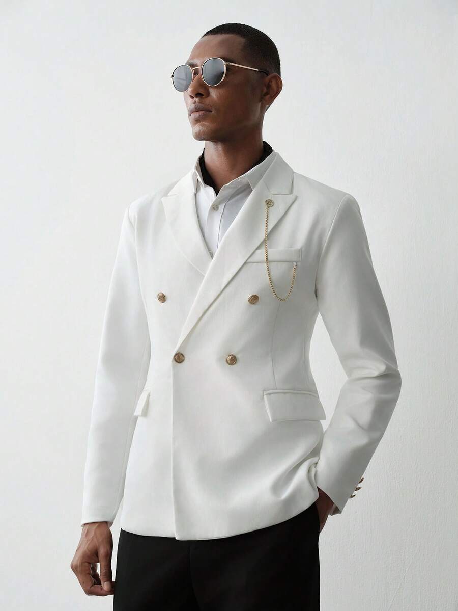 MENRIVO Blazer Pria Putih dengan Rantai Saku, Gaya Kasual, Cocok untuk Musim Pernikahan dan Acara Pesta Biasa, Formal, dan Upacara. - Putih - View 1