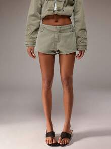 SHEIN BAE Women'S Waist Button Design Casual Denim Shorts Vacation Outfits - Army Green - View 2