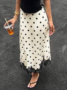 SHEIN EZwear White And Black Polka Dot Women's Sweet French Elegant Lace Trim Midi Skirt For Vacation Brunch Date Summer - Apricot - View 3