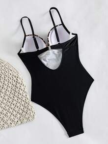 Swim Lushoire 女款黑色一件式泳衣，條紋印花拼色設計，聚攏胸部支撐，適合海灘派對，夏季性感熱帶風 - 彩色 - 查看 8