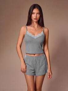 Lazeform Ribbed Lace Trim Camisole And Shorts Set Women's Loungewear - Grey - View 1