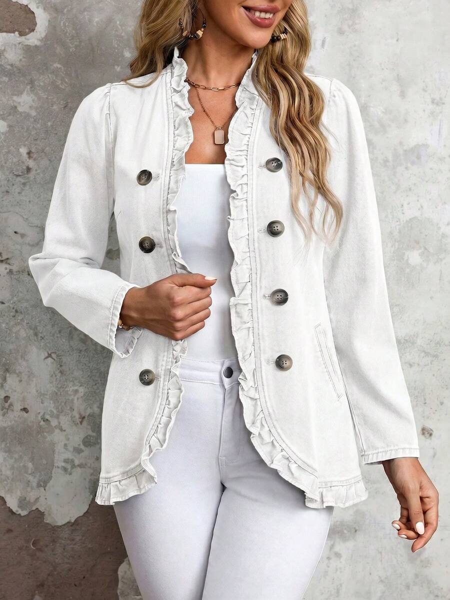 EMERY ROSE Áo khoác denim size lớn phong cách casual bèo nhún hai hàng khuy cho mùa xuân/thu - trắng - Xem 1