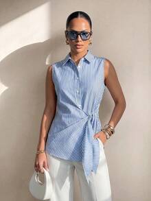 Structelle Kemeja Wanita Motif Garis-Garis dengan Kancing Depan, Blus Kasual Elegan dengan Detail Pita di Bagian Depan - MultiWarna - View 7