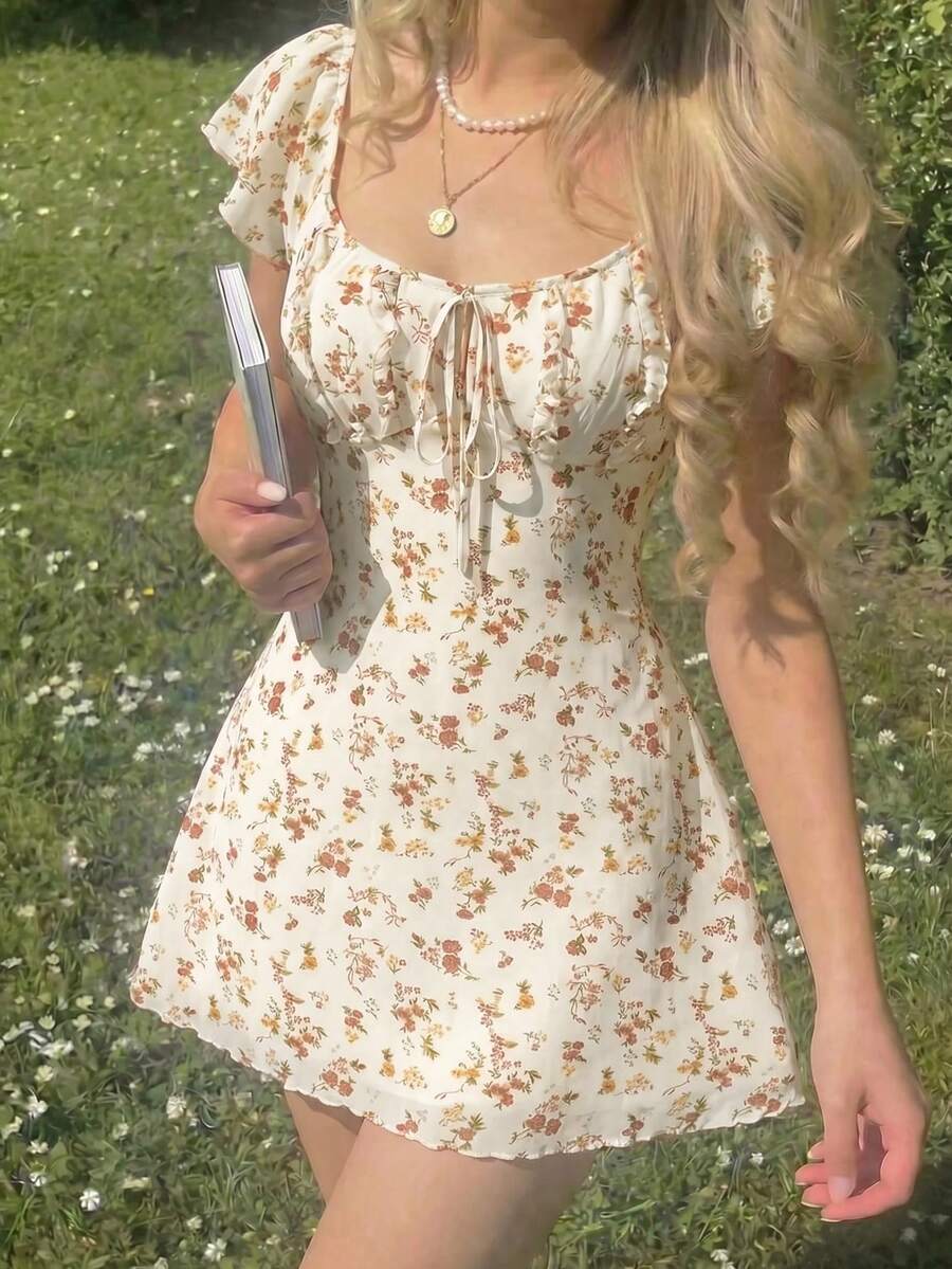 SHEIN MOD Plus Women's Allover Floral Print Ruffle Armhole Knot Front Dress - Apricot - View 1