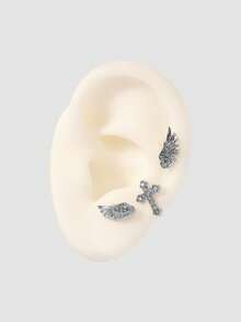 MortiRose 3pcs Delicate Fashionable Versatile Personalized Niche Rhinestone Cross Wing Earrings, Not Suitable For Daily Wear But Suitable For Festivals ,Party - Cross Wings - View 2