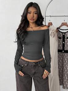 Black Off-Shoulder Fitted Casual Long Sleeve Basic Base Layer T-Shirt - Dark Grey - View 5