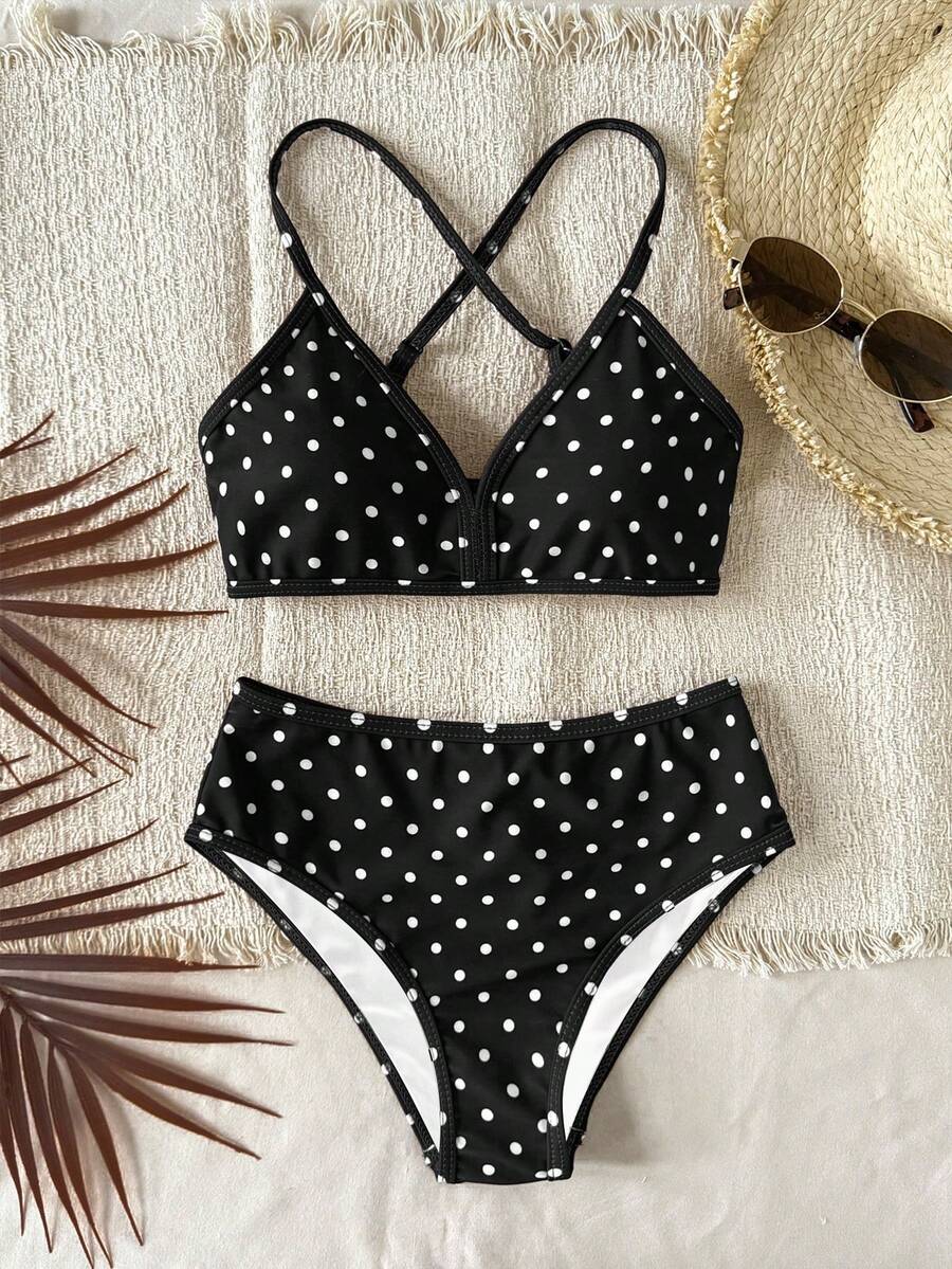 SHEIN 少女波点比基尼套装,时尚优雅,适合游泳、海滩、度假和夏季穿着 - 黑與白 - 查看 1