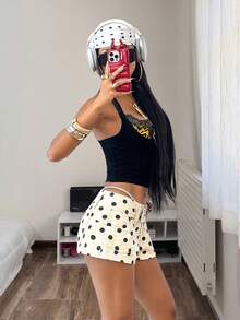 StreetHx Black White Polka Dot Stretch Denim Mini Shorts Vacation Summer Street Wear 90s Inspired Y2k Night - Beige - View 7