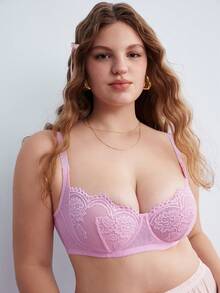 Elorette Plus Size Women's Lace Sexy Everyday Adjustable Strap Bra Hot Pink Summer - Pink - View 1