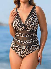 Swim Lushoire Conjunto de Praia de Uma Peça com Estampado de Leopardo para Mulher Plus Size - Multicolorido - Ver 3