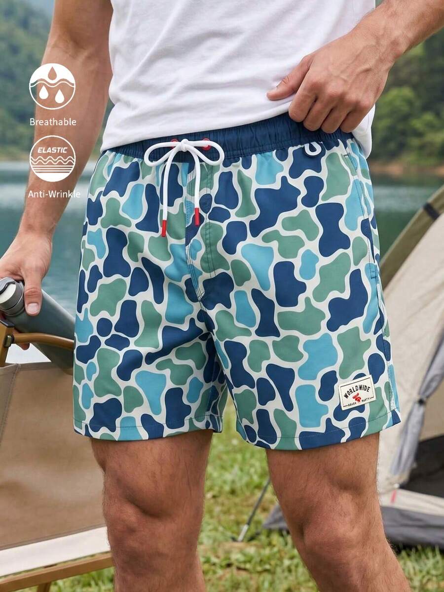 Manfinity Swimmode 男士夏季海灘度假風全身印花抽繩腰海灘短褲 - 軍綠色 - 查看 1