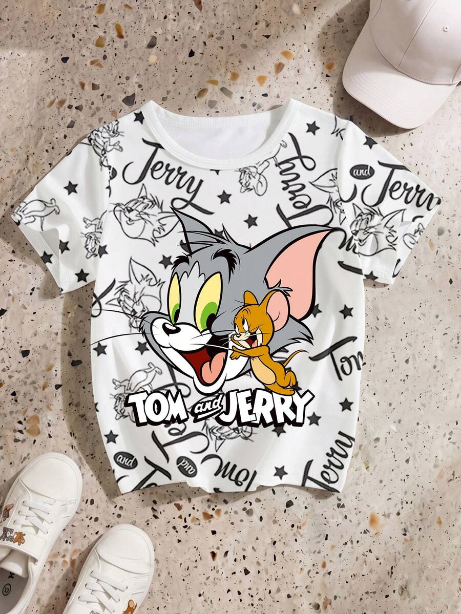 TOM & JERRY X SHEIN GraphicGems 1件装青少年男童休闲卡通印花圆领短袖T恤,夏季 - 彩色 - 查看 1