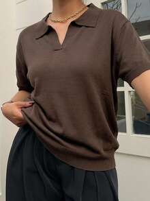 Dazy Plus Fun Commute Color Block Patchwork Polo Collar Casual Short Sleeve Plus Size Women Spring Summer Knit Top - Brown - View 1