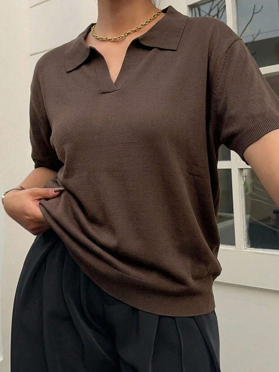 Dazy Plus Fun Commute Color Block Patchwork Polo Collar Casual Short Sleeve Plus Size Women Spring Summer Knit Top - Brown - View 1