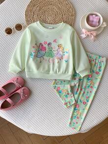 SHEIN Baby Mädchen süßes lässiges gestricktes grünes Cartoon-Muster Langarm Sweatshirt und elastische Taille lange Hose Set - Grün - Übersicht 5