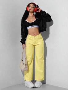 SHEIN PETITE 休閒百搭黃色直筒牛仔褲 - 黃色 - 查看 6
