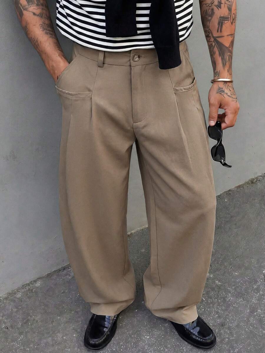 GETOML Men's Black Wide Leg Pants With Gold Button And Wrap Strap Waist. Loose Straight Fit, VACATION, . Fashion Style For Summer - Brown - View 1