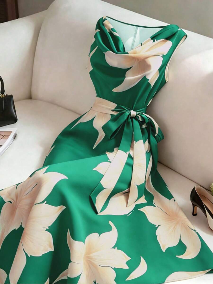 GlowEve CURVE 大尺碼女款優雅無袖花卉印花蝴蝶結婚禮晚禮服 橄欖綠 夏季 - 綠色 - 查看 1