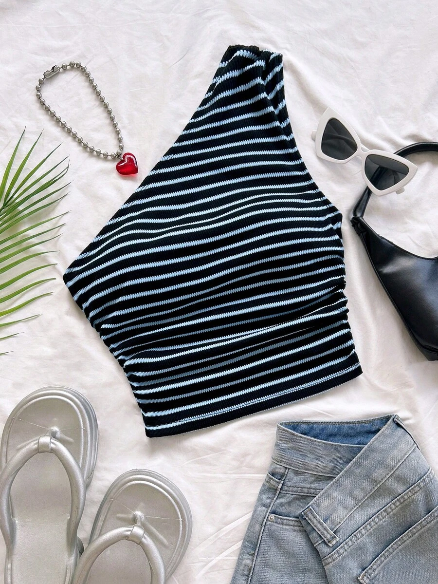 Soleia Sexy Casual One Shoulder Ruched Striped Sleeveless Top No Chest Padding - Multicolor - View 1
