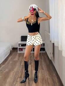 StreetHx Black White Polka Dot Stretch Denim Mini Shorts Vacation Summer Street Wear 90s Inspired Y2k Night - Beige - View 6