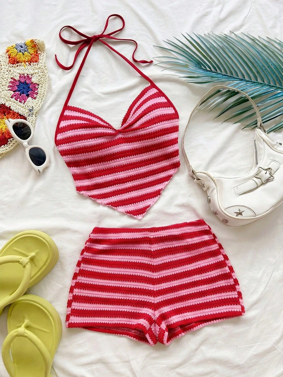 Soleia Spring/Summer New Back To Tropical Red & White Striped Spaghetti Strap Strap Women's 2-Piece Set No Chest Padding - Hot Pink - View 1