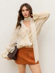 CielaLinda Women's Embroidered Lantern Sleeve Ruffle V-Neck Scarf Blouse - Apricot - View 4