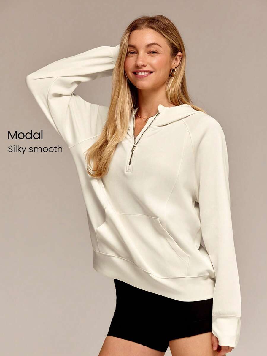 GLOWMODE Modal Silk Touch Oversized Long Sleeve Half-Zip Sweatshirt  Spring Summer - White - View 1