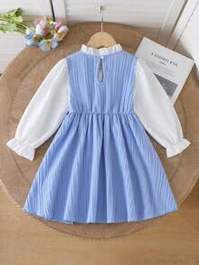 Young Girl Autumn 2 In 1 Dress, Textured Blue And White Patchwork Design, Exquisite Bow + Pearl Button Embellishment, Soft Skin-Friendly Fabric, Gentle Preppy Style High-Quality Children's Clothing - Blue - View 2