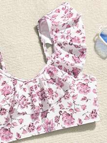 SHEIN 青少年女孩花卉印花比基尼與三角泳褲兩件式泳衣套裝，適合夏季度假海灘 - 粉色 - 查看 3