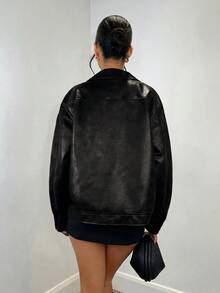 SHEIN BAE Long Sleeve Jacket Brown Faux Leather Mottled Texture Belted Hem Biker Jacket Vintage Distressed - Black - View 5