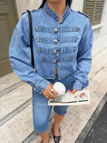 Rivivi Plus Size Women's Fashion Casual Button Design Denim Jacket - Medium Wash - View 7