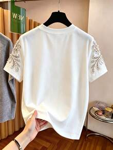 Franclia Camiseta casual de verano con estampado de strass falso - Blanco - Ver 2