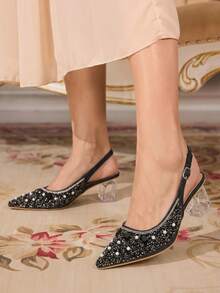 CUCCOO TILAWA Women's Crystal Heel Glass Rhinestone Pointed Toe Pink High Heel Pumps, Suitable For Outings, Banquets, Parties And Other Events - Graphite Black - View 9