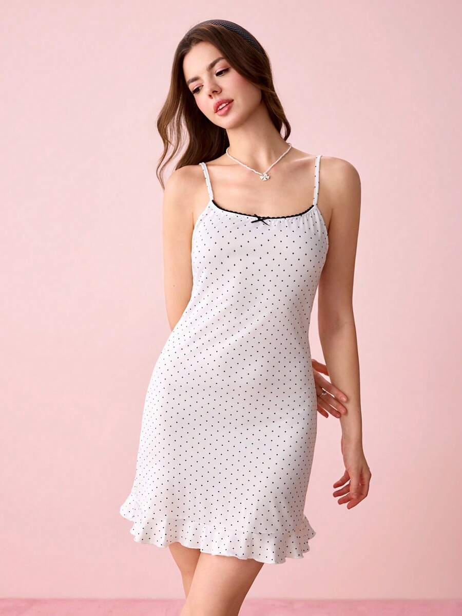 Bonmuse Women's Vintage Polka Dot Slip Dress, Spaghetti Strap V-Neck Nightgown With Ruffle Hem & Bow Accent, Bodycon Fit, Soft Breathable Fabric, Ideal Sleepwear & Loungewear For Cozy Nights & Lazy Days - White - View 1