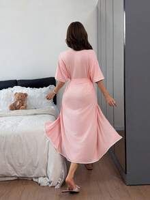 Napfluff Women's Casual Soft Skin-Friendly Contrast Color Short Sleeve Loungewear Robe - Pink - View 2