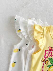 SHEIN Vintaside Kids 8件組 0-3歲女嬰 春夏新款圖案印花休閒日常出遊可愛趣味田園風女童荷葉袖背心T恤與短褲度假海灘百搭島嶼風8件組 - 彩色 - 查看 5