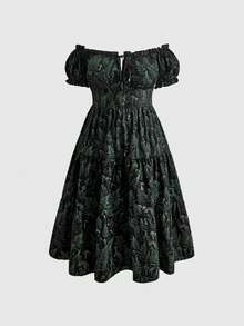 ROMWE Fairycore Plus Size Vintage Romantic Dark Moth Print Off-Shoulder Puff Sleeve Women's Dress - Green - View 1