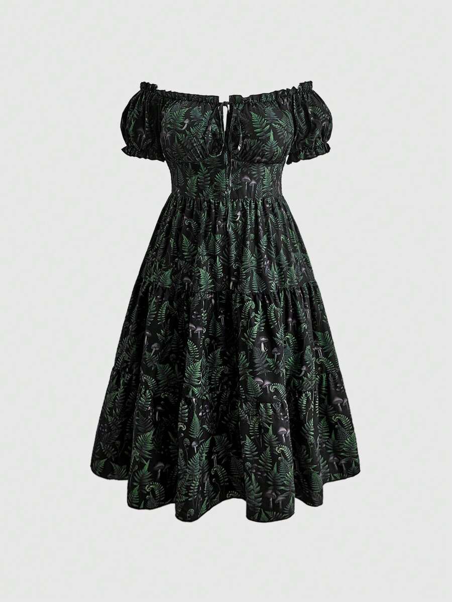 ROMWE Fairycore Plus Size Vintage Romantic Dark Moth Print Off-Shoulder Puff Sleeve Women's Dress - Green - View 1