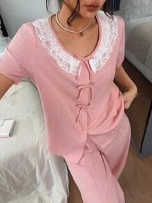 Napfluff Fresh Gentle Pink Pajama Set Lace Round Neck Bow Short Sleeve Long Pants Casual Loungewear - Pink - View 3