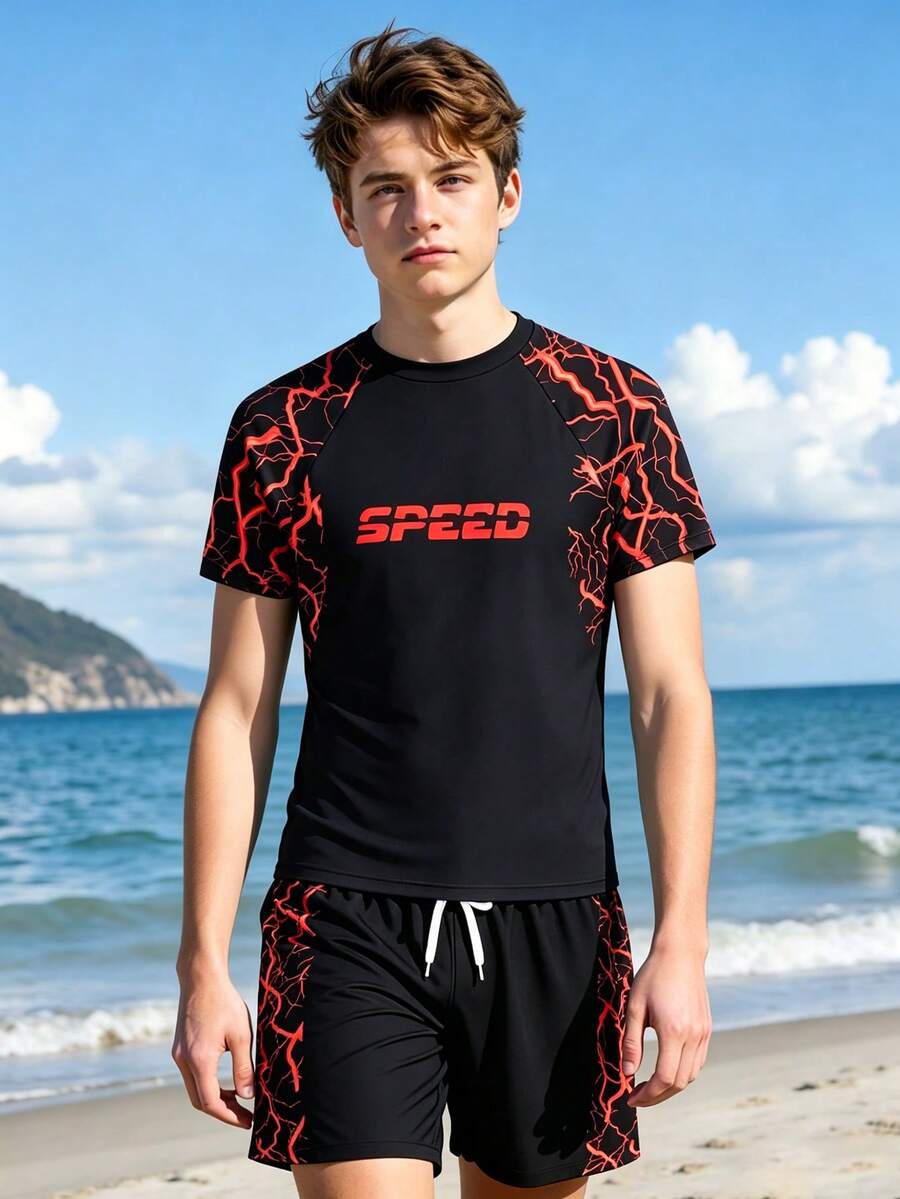 2pcs/Set Teenage Boys' Lightning Print Elastic Quick-Dry Comfortable Knit Fabric Short Sleeve Top + Non-Stretch Woven Fabric Beach Shorts, Suitable For Teenagers (Boys) Swimwear, Beach, Pool, Seaside, Surfing, Vacation, Summer, Travel - Black - View 1