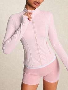 SHEIN BAE Women's Minimalist Zipper Front Pocket Long Sleeve Fashion Sports Jacket - Baby Pink - View 1