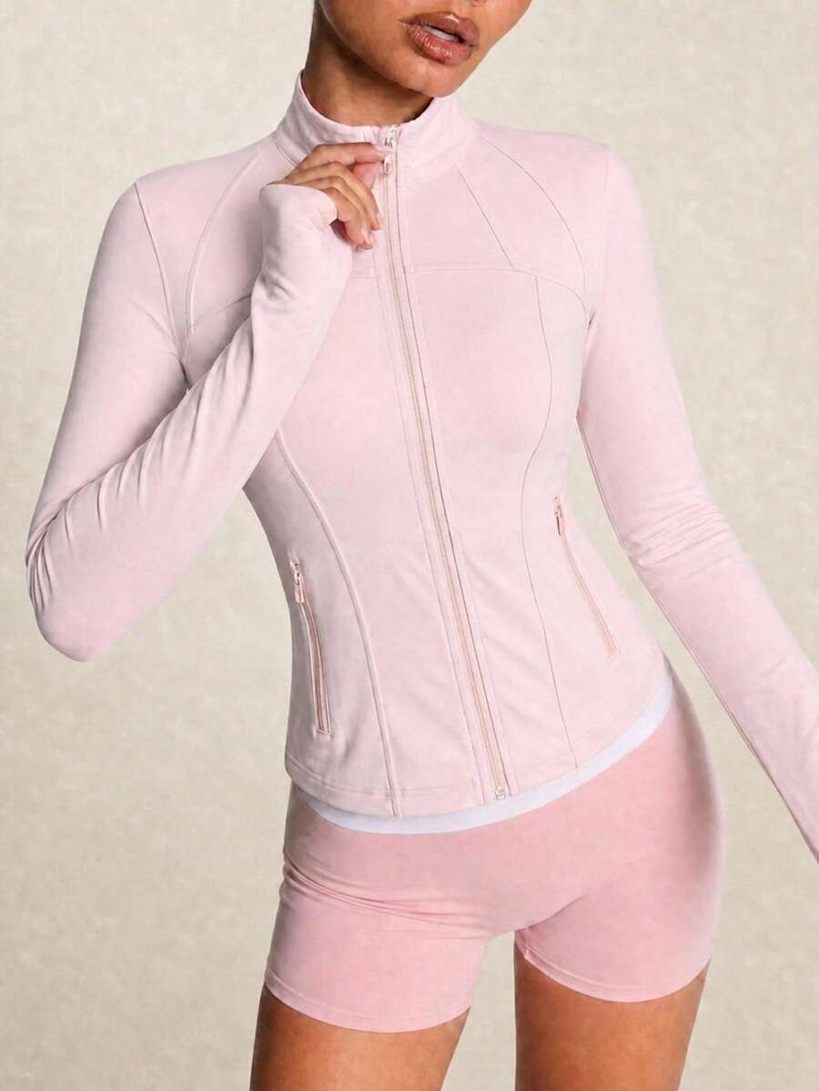 SHEIN BAE Women's Minimalist Zipper Front Pocket Long Sleeve Fashion Sports Jacket - Baby Pink - View 1