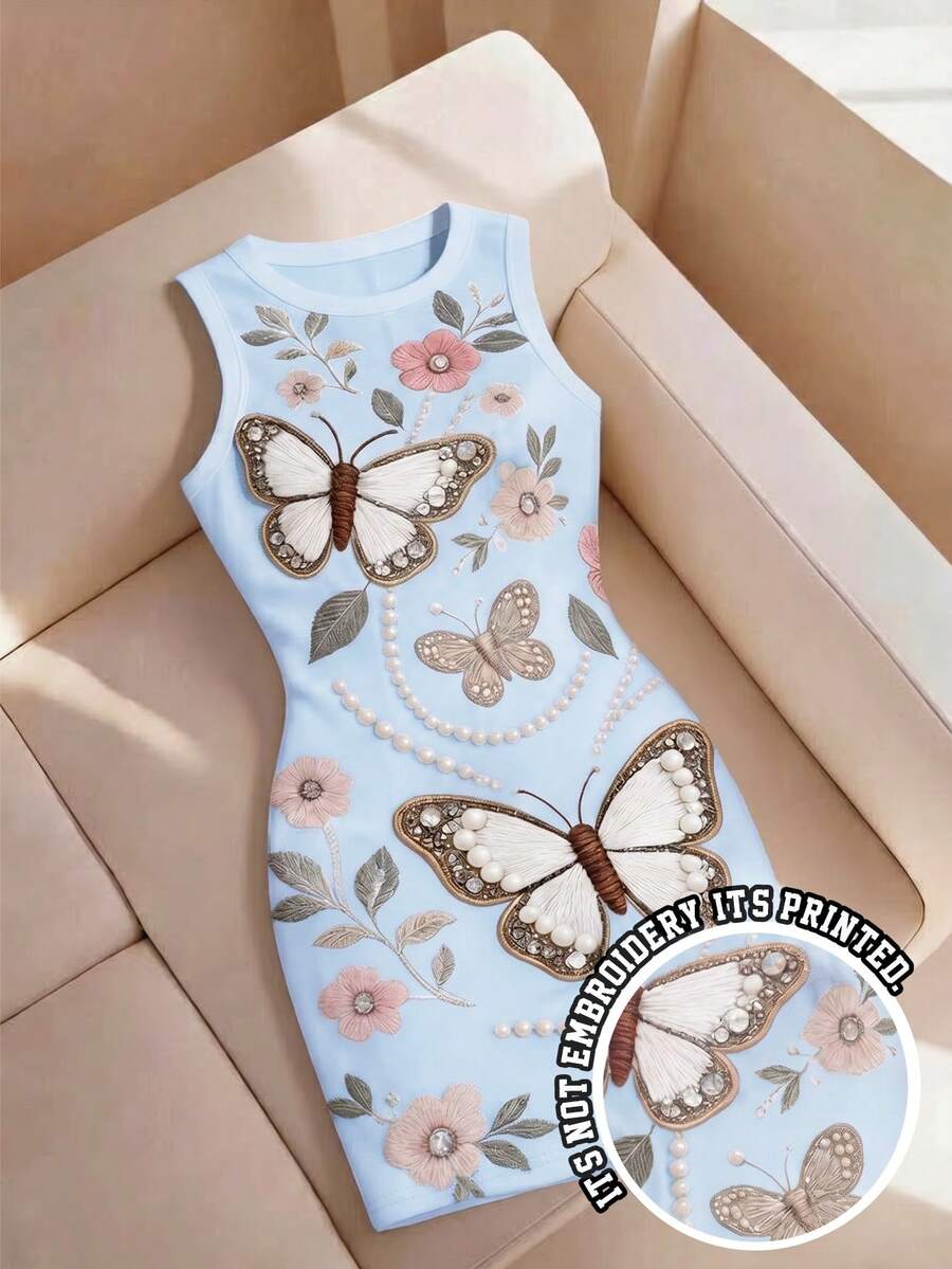 GlowEve 春夏休閒度假法式風刺繡珠飾3D印花圓領修身無袖短洋裝,優雅時尚白色刺繡珠飾洋裝 - 藍色 - 查看 1