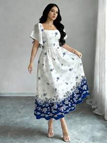 Modelyn Women's Short Sleeve Digital Print Waist-Cinching Dress, Off-Shoulder Sleeve Ruffle Hem Elegant And Beautiful - White - View 3