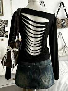 Lalippa Top de moda sexy de unicolor con escote asimétrico y espalda descubierta - Negro - Ver 1