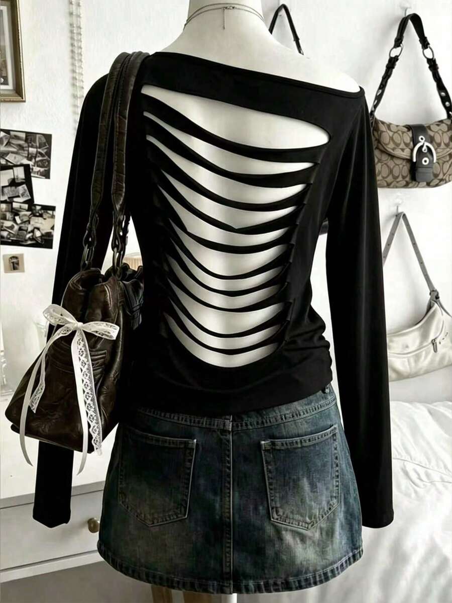 Lalippa Top de moda sexy de unicolor con escote asimétrico y espalda descubierta - Negro - Ver 1
