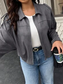 Easura Chaqueta casual de unicolor para primavera/otoño de talla grande - Gris Oscuro - Ver 6