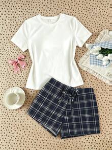 青少年女孩休閒寬鬆簡約圓領短袖短褲家居服，適合春夏季 - 彩色 - 查看 3