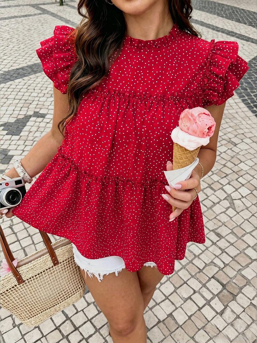 Vionelle Plus Size Vintage Polka Dot Loose Multi-Layer Ruffle Patchwork Doll Blouse Brunch Dinner Vacation Red And White Summer - Red - View 1